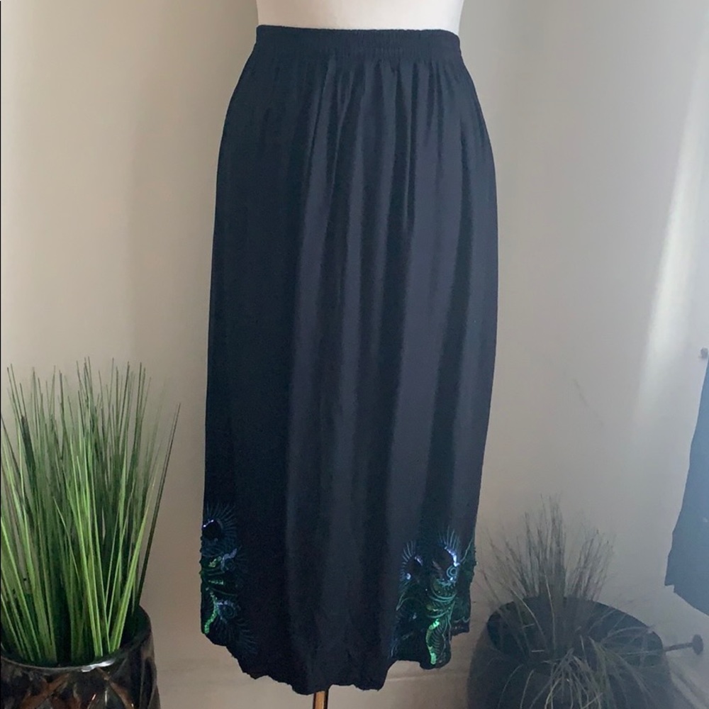 VINTAGE 80s Black Peacock Sequin Detail Midi Skirt